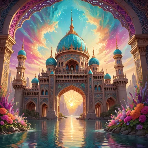 Prompt: Vibrant towers adorned with intricate patterns rise majestically, each crowned with a swirling turquoise dome that showcases ornate details, set against a dazzling backdrop of radiant bursts of sunlight. Below, a serene archway frames a tranquil body of water that reflects the golden light, while lush landscapes of colorful flowers in vivid pinks, purples, and blues envelop the scene, adding to its enchanting allure. The surrounding mountains, shrouded in soft clouds, provide a mystical quality, enhancing the dreamlike atmosphere. Rich hues and a playful interplay of light and shadow infuse the image with a sense of wonder, as if inviting viewers into a fantastical realm brimming with beauty and magic. The overall composition captures a harmonious blend of natural and architectural elements, evoking a feeling of serenity and joy.
