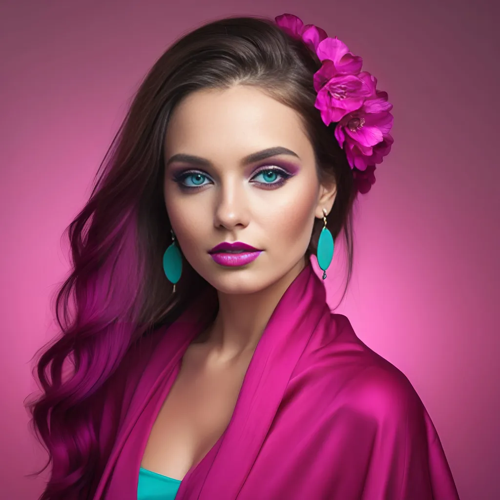 Prompt: A beautiful woman in colors of turquoise and magenta