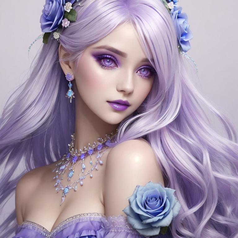 Prompt: A beautiful woman, white hair with pastel purple highlights, violet eyes, blue eyeshadow, pastel blue roses in her hair, blue jewels on forehead