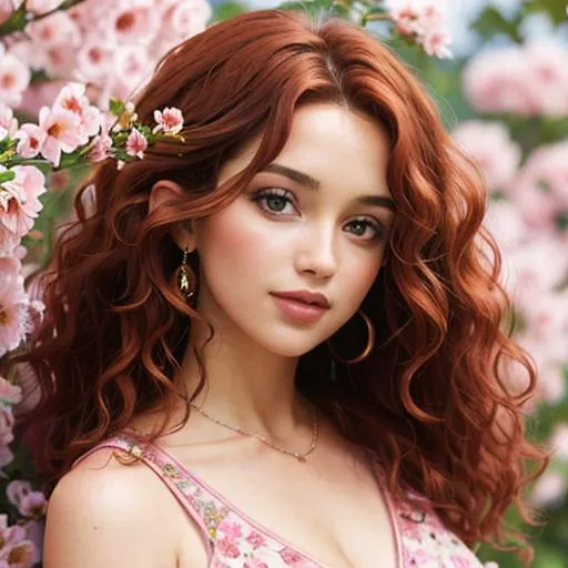 Prompt: a beautiful woman , auburn curly hair, lots of pretty pink flowers