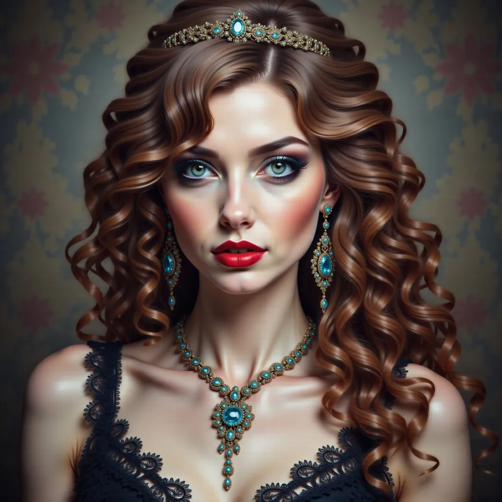 Prompt: a woman with long hair and a necklace on her neck and a red lipstick on her cheek and a black dress, Carla Wyzgala, gothic art, highly detailed digital painting, a photorealistic painting