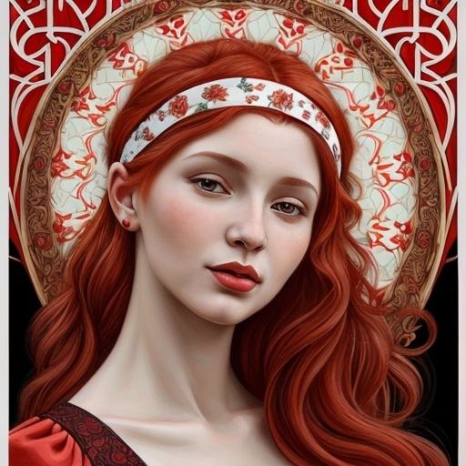 Prompt: a painting of a woman with red hair and a red dress and a flowered headband on her head, Elina Karimova, art nouveau, highly detailed digital painting, a detailed painting