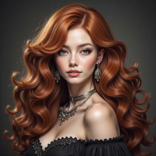 Prompt: a woman with long  Victorian red  hair wearing a necklace and earrings with a red lipstick on her lips and a black dress, Carla Wyzgala, gothic art, highly detailed digital painting, a photorealistic painting