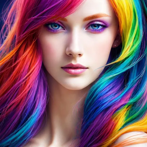 Prompt: HDR, UHD, 64k, best quality, pale skin, unrealistically, multicolored hair,  UHD, hd , 64k, , hyper realism, Very detailed, full body, hyper realism, Very detailed, female anime, slender body, in hyperrealistic detail, rainbow hair, facial closeup