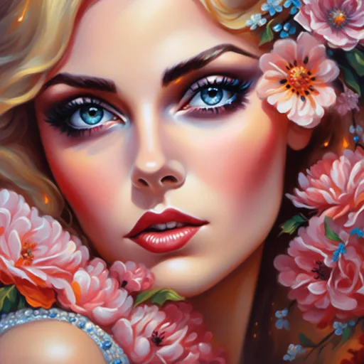 Prompt: <mymodel> Beautiful woman with flowers, oil painting, detailed fiery eyes, ethereal glow, dark and mysterious, high quality, vibrant colors, surreal, haunting, intricate floral details, intense gaze, mystical atmosphere, oil painting, demon, hybrid, fiery eyes, ethereal, vibrant colors, surreal, haunting, floral details, intense gaze, mystical atmosphere