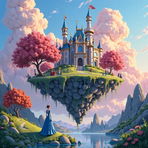 Prompt: A whimsical and vibrant landscape unfolds with a fantastical castle perched atop a lush, floating island, its spires glistening in the warm glow of evening light. Surrounding the castle are billowing clouds tinted in soft pinks and blues, contrasting with the bright colors of the oversized, round trees dotting the island. The tranquil water below mirrors this dreamlike scene, enhancing the surreal quality of the moment. In the foreground, a figure dressed in a flowing blue gown stands captivated, gazing toward the splendid architecture, which radiates a sense of wonder and magic. The entire composition captures a narrative of enchantment and adventure, inviting viewers into a realm of imagination.
