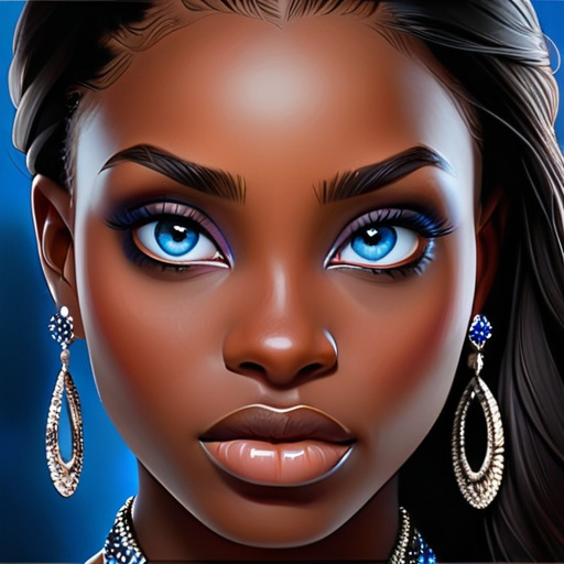 Prompt: Portrait of a black woman with very dark complexion and piercing blue eyes, pretty makeup, realistic painting, detailed features, high quality, realistic, dark skin, striking blue eyes, intense gaze, realistic painting, detailed facial features, professional, realistic lighting, dramatic contrast