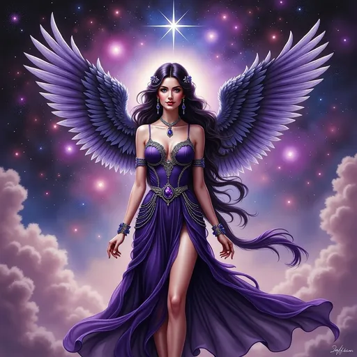 Prompt: A winged woman with raven black hair and purple eyes, adorned with amethyst jewels, standing in an ethereal nebula background, full body, highres, detailed, fantasy, vibrant colors, flowing and ethereal clothes, radiant lighting, majestic, surreal, paradise setting, 