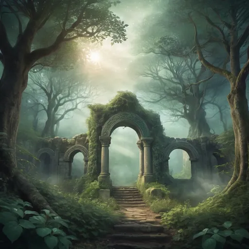 Prompt: Celtic-inspired digital illustration of an enchanted forest, mystical fog, ancient ruins, intricate Celtic knots, ethereal lighting, high quality, detailed foliage, magical atmosphere, fantasy, mystical, enchanted, ethereal lighting, intricate design, atmospheric, digital painting