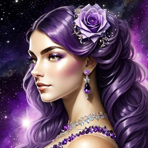 Prompt: Cosmic Epic Beauty, Beautiful and Gorgeous, purple roses in hair, wearing  elaborate amethyst jewelry