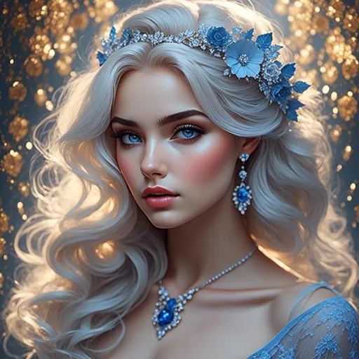 Prompt: <mymodel>A beautiful woman, white hair, blue eyes, blue eyeshadow, blue jewels o