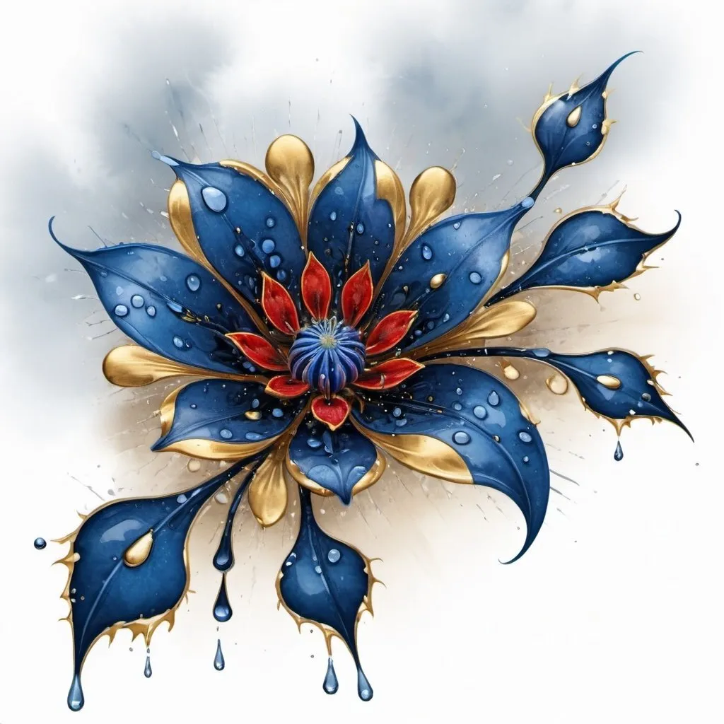 Prompt: digital watercolor painting, a painting of a blue and gold flower with drops of water on it's petals and leaves on the petals, Android Jones, generative art, fractals, an airbrush painting, paint splatter, black and red, bold brush strokes, art nouveau