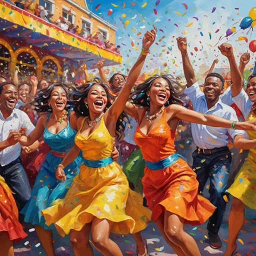 Prompt: Joyous celebration in a vibrant carnival, lively and colorful, oil painting, confetti-filled air, cheerful crowd, dynamic brushstrokes, high energy, festive atmosphere, vibrant colors, lively characters, dynamic composition, carnival art, oil painting, 4k, ultra-detailed, vibrant, dynamic brushstrokes, lively, festive, colorful, high energy, oil painting, dynamic composition