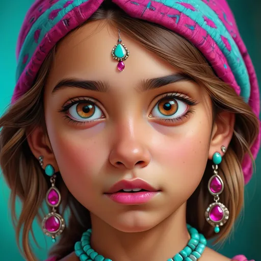 Prompt: Detailed realistic digital portrait of a young girl, brown eyes, turquoise and magenta jewelry