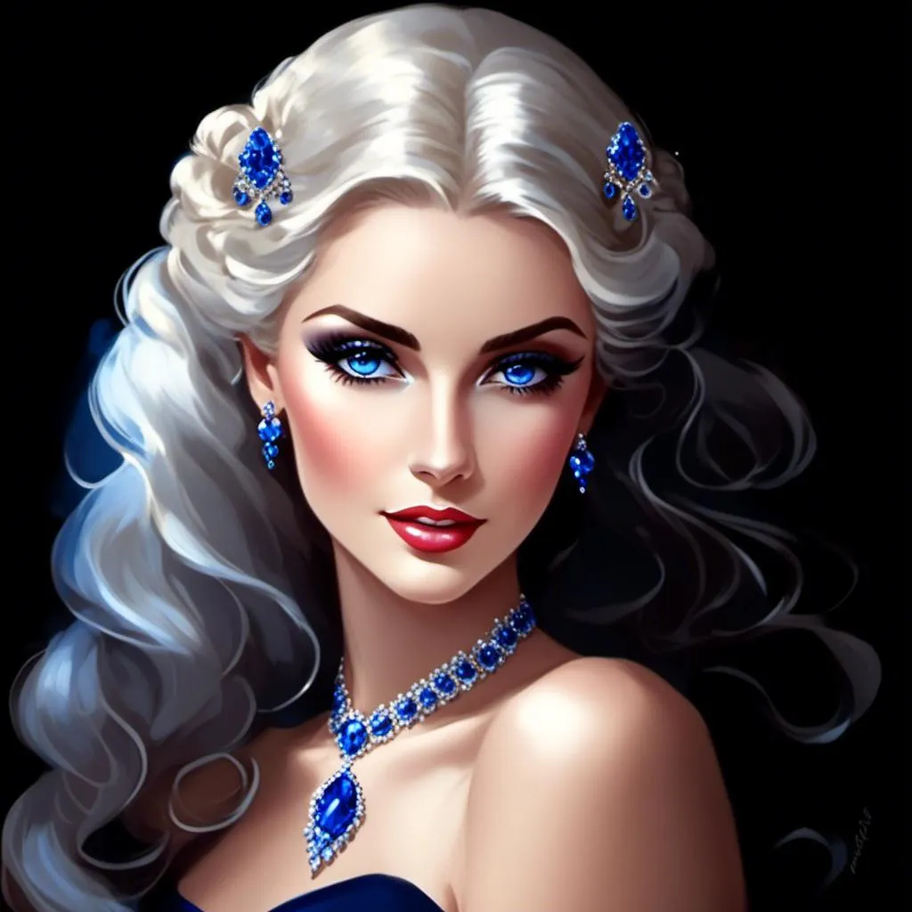 Prompt: <mymodel>A beautiful woman, white hair, blue eyes, blue eyeshadow, blue jewels o