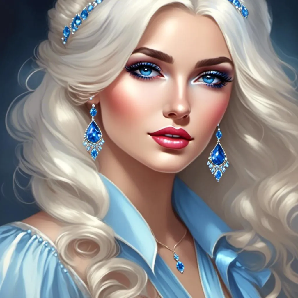 Prompt: A beautiful woman, snow white hair with pastel highlights, frosty blue eyes, blue eyeshadow, blue jewels on forehead<mymodel>