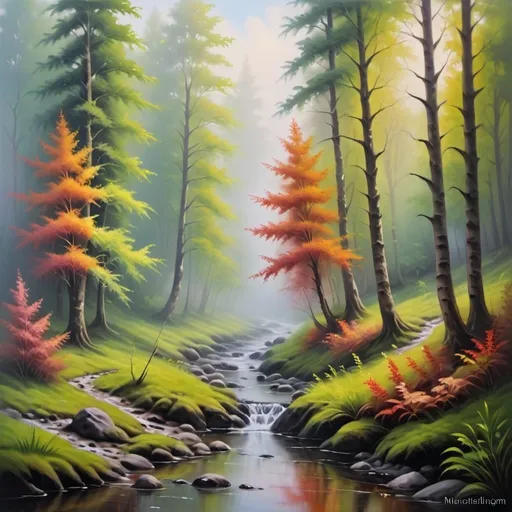 Prompt: <mymodel> Serene forest, oil painting, mist-covered trees, tranquil stream, vibrant and soothing colors, high quality, realistic, detailed foliage, peaceful atmosphere, soft natural lighting