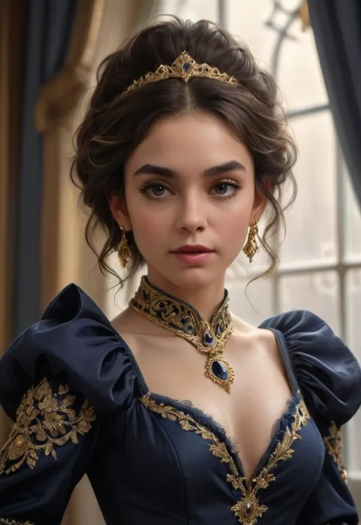 Prompt: Bathed in soft, warm light that filters through an elegant window, a stunning figure captivates with her beauty and grace. Dressed in a deep blue gown adorned with intricate golden embroidery, each detail accentuates her poise; the gown features voluminous, puffed sleeves that draw attention to her delicate neckline and ornate jewelry, including a sparkling collar and earrings that match the rich hues of her attire. Her wavy hair frames a serene face, highlighted by well-defined features and expressive, striking blue eyes that convey a sense of warmth and confidence. The lavish interior, with its luxurious drapery and furnishings, enhances the fairytale ambiance, suggesting a narrative of elegance and nobility. The overall atmosphere is one of refinement, evoking a timeless charm that captures the viewer's imagination.