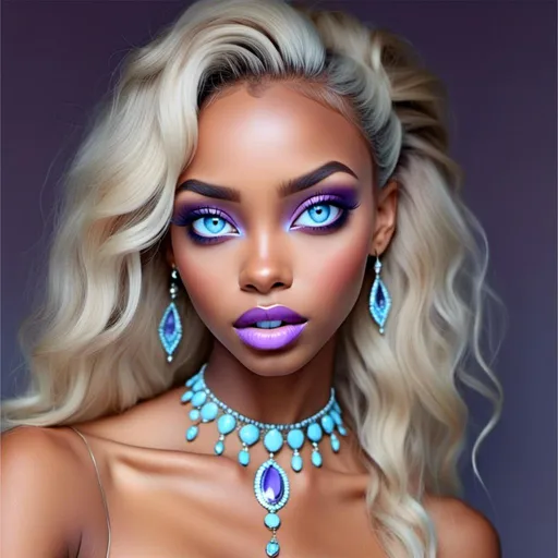 Prompt: <mymodel>Beautiful ethereal woman, long blonde hair,and icy blue eyes color, purple lipstick, facial closeup
