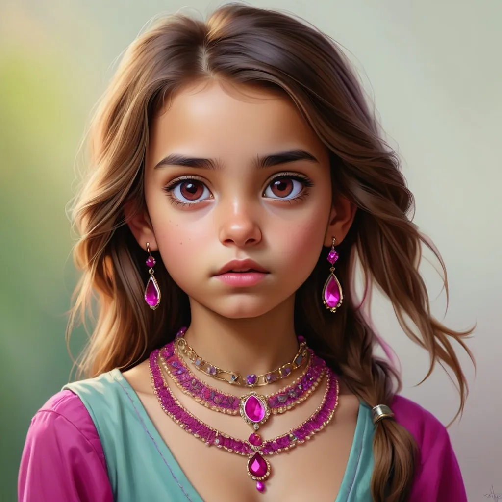 Prompt: Detailed realistic digital portrait of a young girl, brown eyes, magenta jewelry