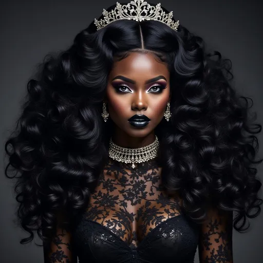 Prompt: a black woman with  long curly and a tiara and a black dress on her head and a black lip and a black dress on her body, Chinwe Chukwuogo-Roy, gothic art, beautiful detailed, a character portrait