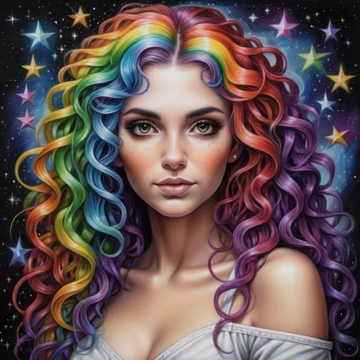 Prompt: <mymodel> a painting of a woman with  curly, rainbow hair, stars around her,, Anne Stokes, fantasy art, stars, a detailed painting