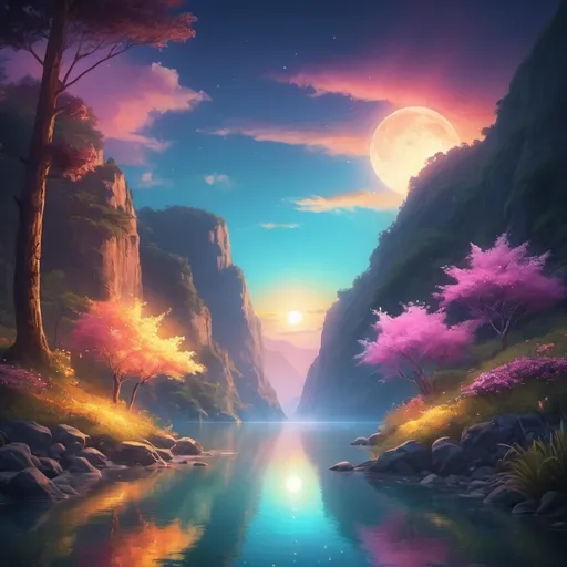 Prompt: (ethereal glow), luminous light radiating, soft illumination, vivid colors, warm ambient tones, magical atmosphere, serene background, enchanting landscapes, high detail, ultra-detailed, vibrant, dreamlike scenery, shimmering reflections, calming hues, captivating visual experience