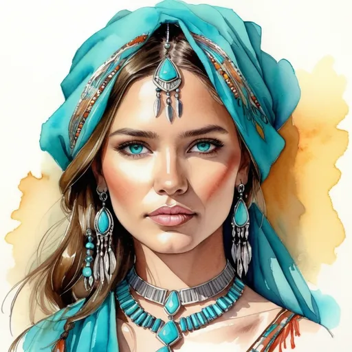 Prompt: <mymodel> Watercolor and pen sketch of a young woman in southwestern style, turquoise jewelry, flowing attire, intricate details, vibrant colors, high quality, southwest art, watercolor, pen sketch, detailed jewelry, flowing attire, vibrant colors, beautiful woman, high quality imagery, professional, atmospheric lighting