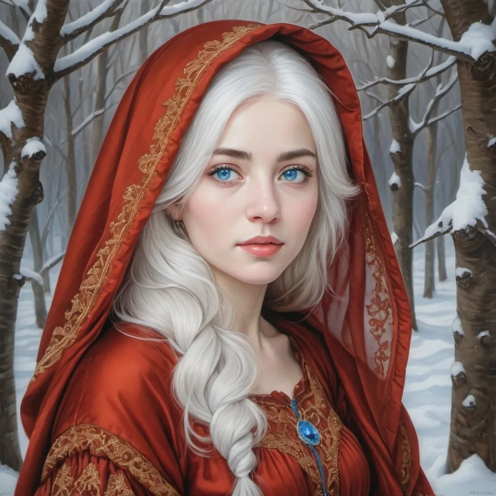 Prompt: a woman with blue eyes and white hair in the snow with trees in the background and snow on the ground, Elina Karimova, rococo, white hair, a photorealistic painting