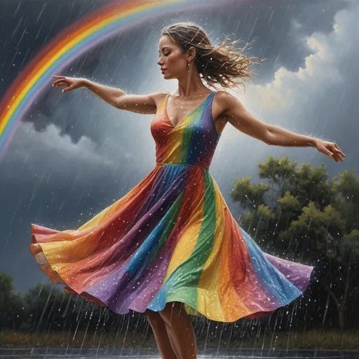 Prompt: a painting of a woman dancing in the rain with stars in the background and a rainbow colored dress on, Eric Zener, figurative art, highly detailed digital painting, an ultrafine detailed painting