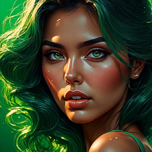 Prompt: <mymodel>Detailed illustration of a asian woman in vibrant green attire, large vivid green eyes, elegant makeup, digital painting, high resolution, realistic style, vibrant green, professional lighting