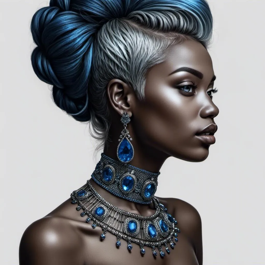 Prompt: <mymodel> a woman with blue makeup and  sapphire jewelry , with a blue background , Chinwe Chukwuogo-Roy, fantasy art, highly detailed digital painting, a photorealistic painting