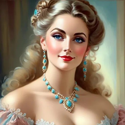 Prompt: <mymodel>Rococo era portrait of a woman, oil painting, luxurious clothing, elaborate hairstyle, ornate jewelry, soft pastel colors, soft and diffused lighting, high quality, detailed brushwork, elegant and refined, opulent setting, intricate lace details, classic beauty, historical art, Rococo style, delicate features, aristocratic charm