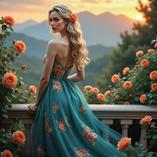Prompt: Basking in the warm glow of a sunset, a stunning woman stands gracefully at a balcony adorned with vibrant orange roses, their lush greenery contrasting beautifully against her flowing teal gown. Her wavy, blonde hair cascades down her back, highlighted by a single flower tucked neatly behind her ear, while intricate floral embroidery on her dress captures the essence of the surrounding blooms. The soft focus of the distant mountains shrouded in a dreamy haze adds a sense of depth to the scene, enhancing the romantic ambiance. The golden light of the setting sun casts a gentle, ethereal glow across the entire composition, evoking a serene and enchanting mood that speaks to the beauty of the moment.