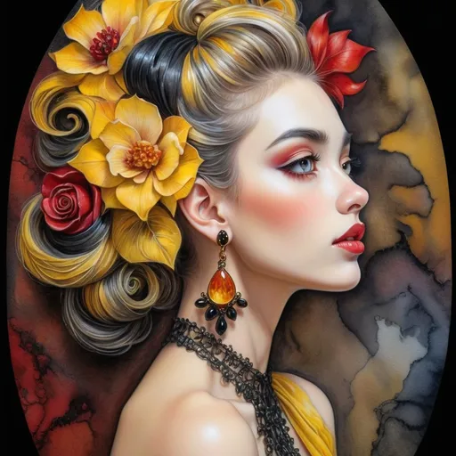 Prompt: <mymodel> beautiful woman, hair pinned up, yellow red black dress, earrings, Watercolor, trending on artstation, sharp focus, studio photo, intricate details, highly detailed, by  Josephine Wall and Jasmine Becket-Griffith