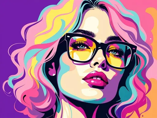 Prompt: This is a vibrant digital illustration in a pop art style, featuring a close-up portrait of a woman. The woman's face is centered in the image, occupying most of the frame. She has light skin and wavy, shoulder-length hair that is colored in a blend of pink, yellow, and blue hues, giving it a psychedelic appearance. Her eyes are strikingly highlighted with bright yellow and turquoise colors, matching her hair. She is wearing large, black rectangular glasses with yellow-tinted lenses that contrast sharply against her colorful hair and skin. Her lips are painted a vivid pink, matching the pink tones in her hair.

The background is a solid, bold purple, which makes the colorful elements of the woman's face and hair stand out even more. The illustration uses bold, thick lines and a limited but intense color palette, typical of pop art. The texture of the image is smooth, with the colors blending slightly at the edges, creating a dynamic and energetic feel. The overall composition is both modern and retro, evoking a sense of nostalgia while also feeling contemporary and fresh. The artist's signature is subtly placed in the bottom right corner.