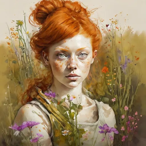 Prompt: ginger haired girl, large eyes,wildflowers