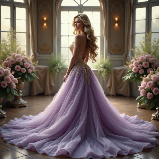 Prompt: A stunning figure graces an opulent interior, adorned in a breathtaking lavender gown that elegantly hugs her silhouette and flows into an elaborate train. The dress features intricate golden embellishments, accentuating her graceful form and highlighting the delicate details of her attire. Her long, flowing hair cascades over her shoulders, framing her serene expression, as she stands poised in front of large, ornate windows that bathe the room in soft natural light. The lavish setting is enhanced by richly decorated walls and abundant floral arrangements, creating a romantic and regal atmosphere filled with elegance and sophistication.