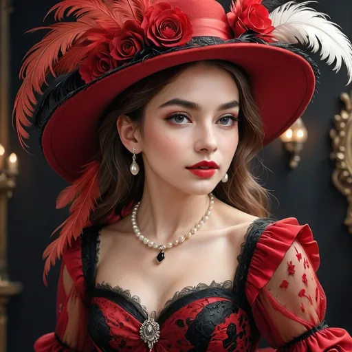 Prompt: A striking vision of elegance unfolds in the scene, centered around a young woman adorned in a lavish red gown embellished with black lace. Her wide-brimmed hat, rich with vibrant feathers, frames her delicate features and draws attention to her serene expression, punctuated by a soft gaze and rosy lips. A string of pearls gracefully encircles her neck, complemented by an antique brooch at her chest, exuding an air of sophistication that hints at a bygone era. In the background, two gentlemen are partially visible; one is dressed in formal attire, emphasizing the period's style, while the wooden paneling and warm lighting contribute to a refined atmosphere aboard a vintage vessel, suggesting a narrative steeped in romance and adventure. The overall composition captivates the viewer with its rich colors and intricate details, evoking a sense of timeless beauty and intrigue.