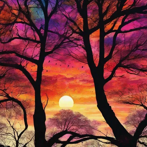 Prompt: A colorful sunset peeking between trees, vibrant colors, high quality, digital painting, detailed tree silhouettes, warm and intense glow, nature, landscape, scenic, sunset, vibrant colors, high contrast, digital art, detailed, atmospheric lighting