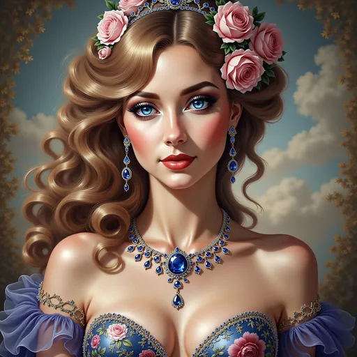 Prompt:  a woman wearing a dress with roses on it's chest and a necklace with sapphires on her neck, Edwin Georgi, fantasy art, highly detailed digital painting, a detailed painting