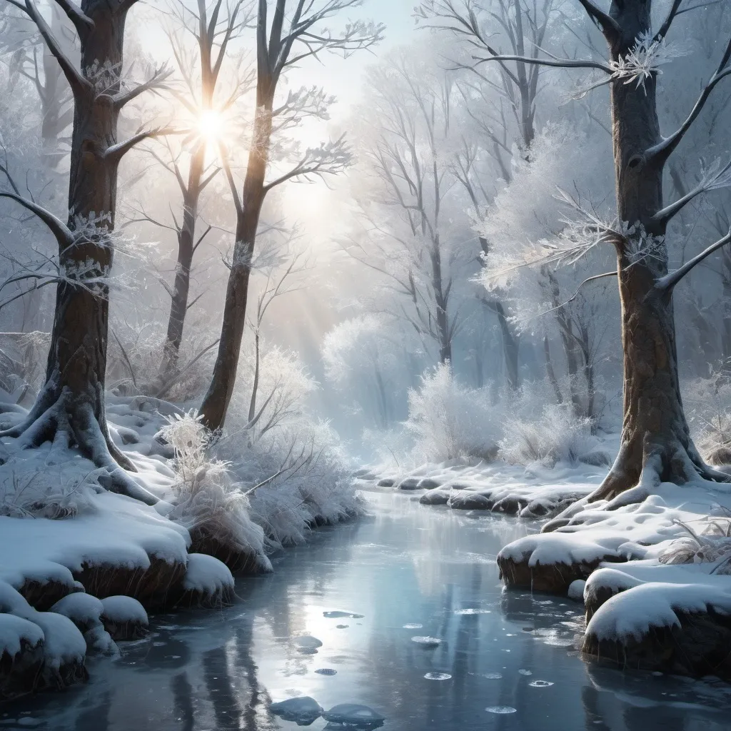 Prompt: a snowy forest with a stream of water and trees covered in ice and snowflakes, with a bright light shining through the trees, A.B. Frost, fantasy art, winter, a matte painting