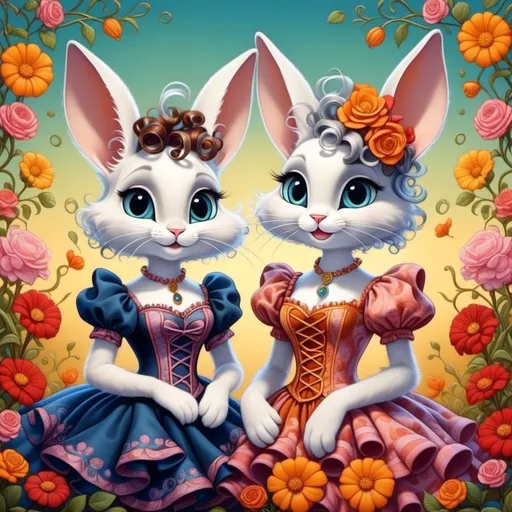 Prompt: <mymodel>Funny illustration of a anthropomorphic rabbit and cat in beautiful dresses , Tim Burton style eyes, bright and colorful, whimsical bright colorful background, comical expressions, high quality, detailed fur, playful, cartoonish, vibrant colors, imaginative lighting