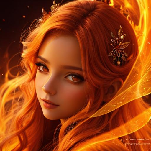 Prompt: fairy goddess, warm colors, fiery background, closeup