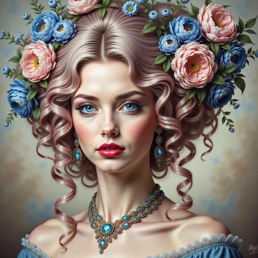 Prompt: a woman with pink hair and blue eyes wearing a necklace and earrings with flowers on her head and a flower in her hair, Alberto Seveso, photorealism, highly detailed digital painting, a photorealistic painting