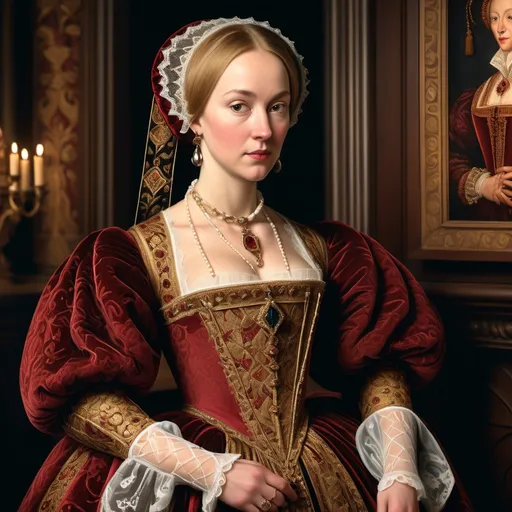 Prompt: (statuesque portrait of Anne of Cleves), vibrant Tudor-era attire, intricate lace details, embroidered patterns, serene expression, elegant pose, rich background of a historic castle, warm gold and deep crimson tones, soft diffused lighting, classical artwork style, ultra-detailed, regal atmosphere, capturing the essence of 16th-century nobility, majestic ambiance.