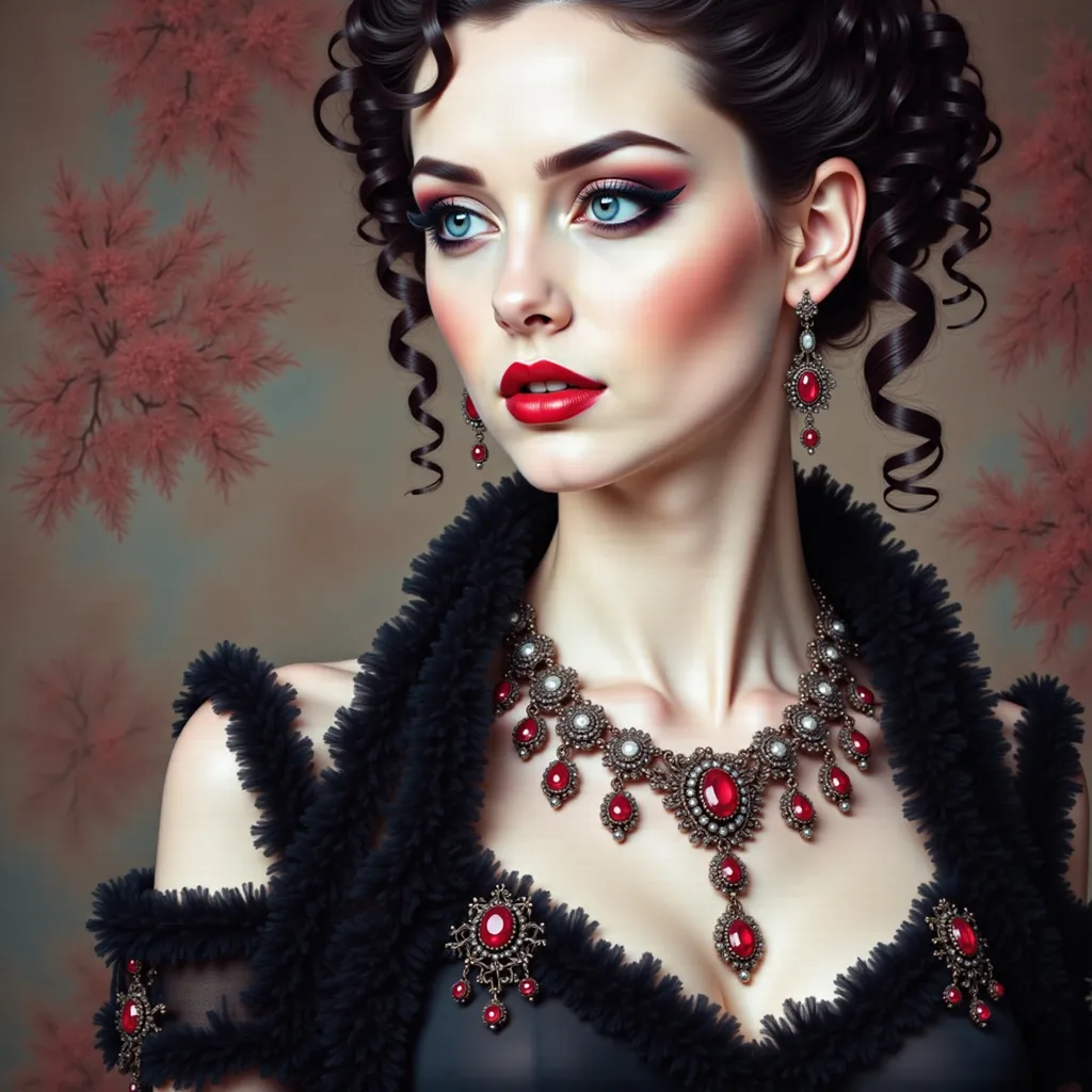 Prompt: a woman with a necklace and earrings on her neck and a red lip and a black dress on her chest, Edwin Georgi, gothic art, highly detailed digital painting, a photorealistic painting