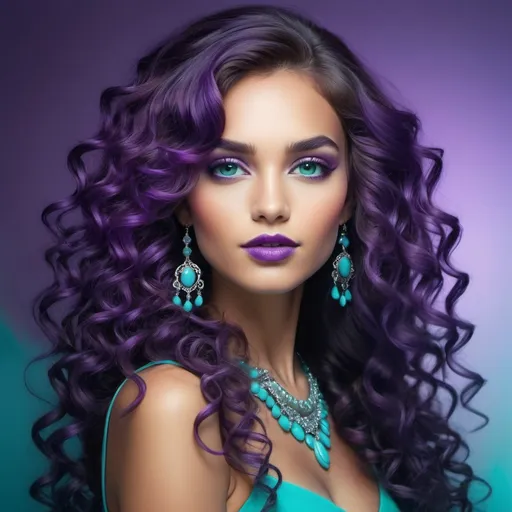 Prompt: An extremely gorgeous woman,  with turquoise jewels, in color scheme of purple, long curly hair