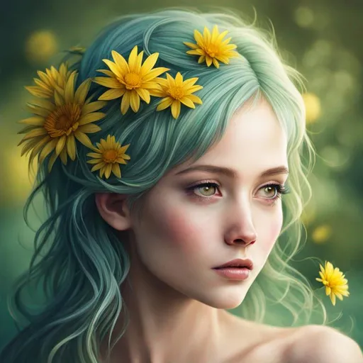 Prompt: A fairy with yellow flowers in her hair. Soft colors