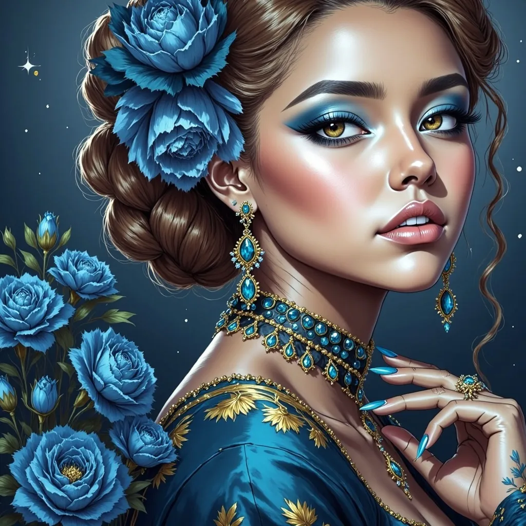 Prompt: <mymodel>An extremely gorgeous woman,  with turquoise jewels, in color scheme of turquoise and gold